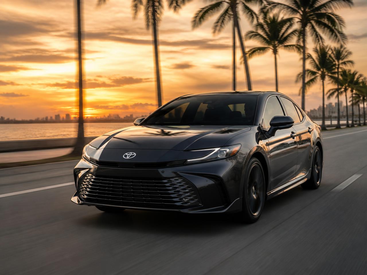 Toyota Camry 2026 de transporte privado en una vía costera de Florida al atardecer